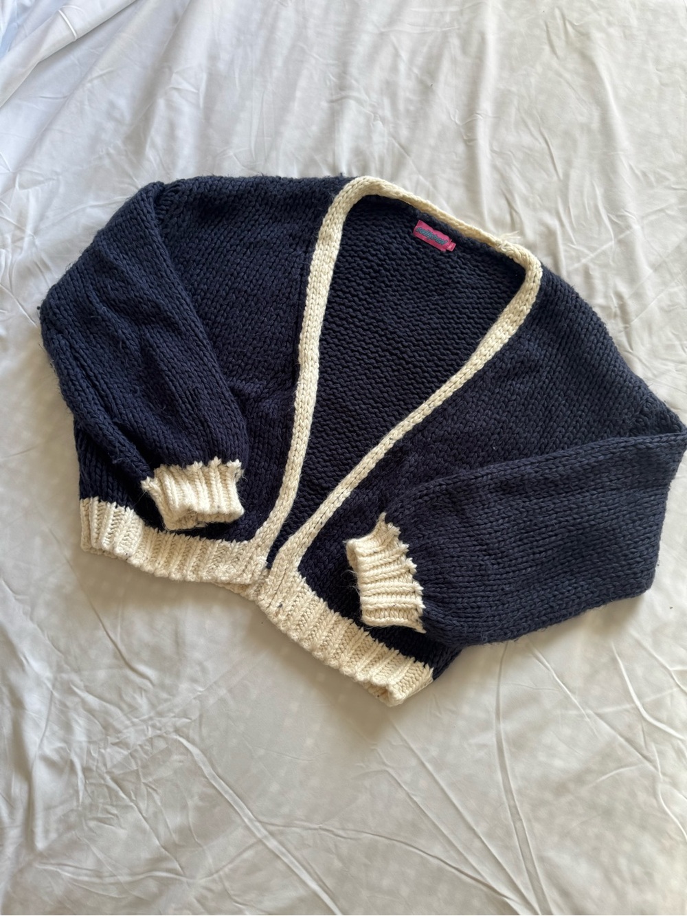 Edikted Navy Cardigan with Cream Trim Open-Front Sweater